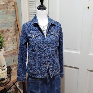 Chico's Blue Leopard Print Blue Denim Jean Jacket Size Small, Festival,